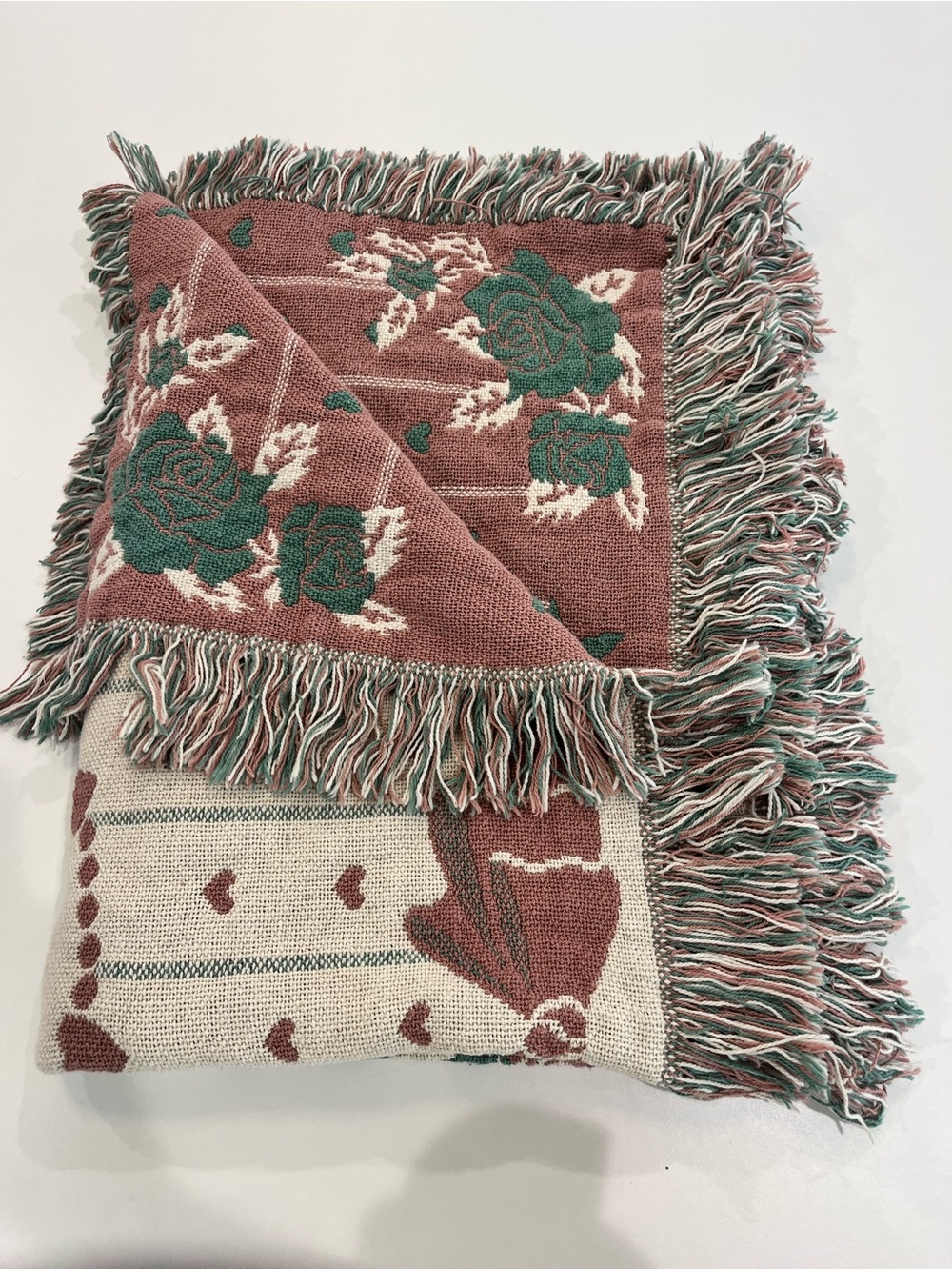 Decorative Rose Fringe Throw Blanket - Pink & Green Woven Tapestry
